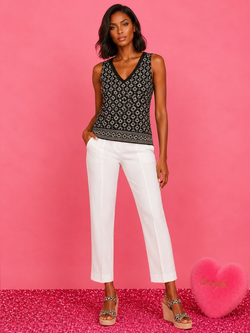 White House Black Market |  Black & White Geometric Sleeveless Top | Size Small